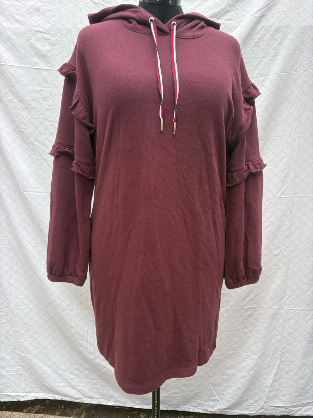 Tommy Hilfiger Burgundy Hooded Ruffle Sleeve Dress